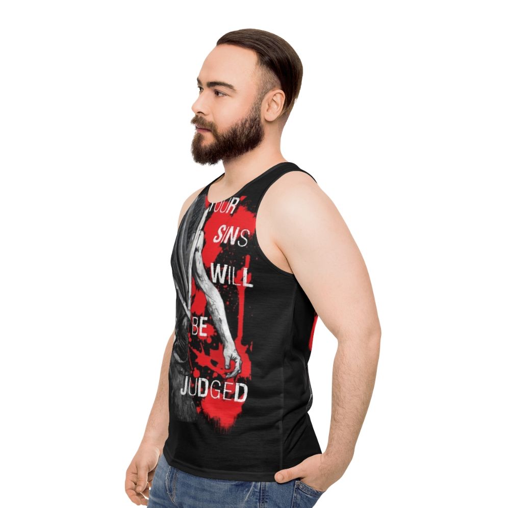 Horror themed unisex tank top with "Your Sins Will Be Judged Again" design - men side