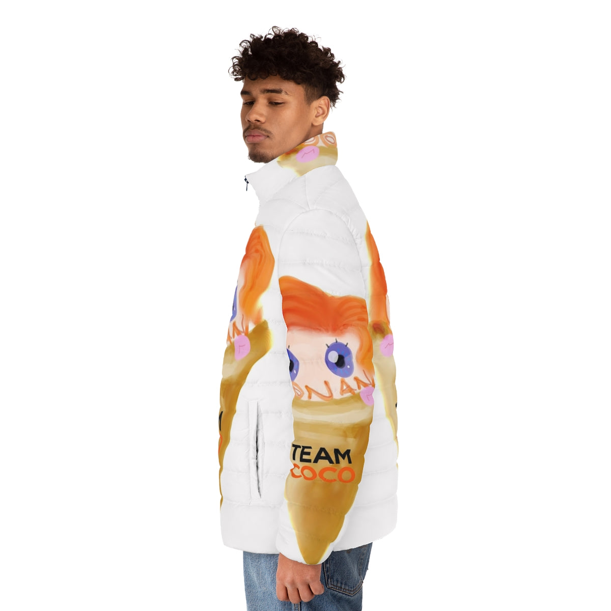 Image of a puffer jacket with an ice cream design, featuring Conan O'Brien branding - men side left