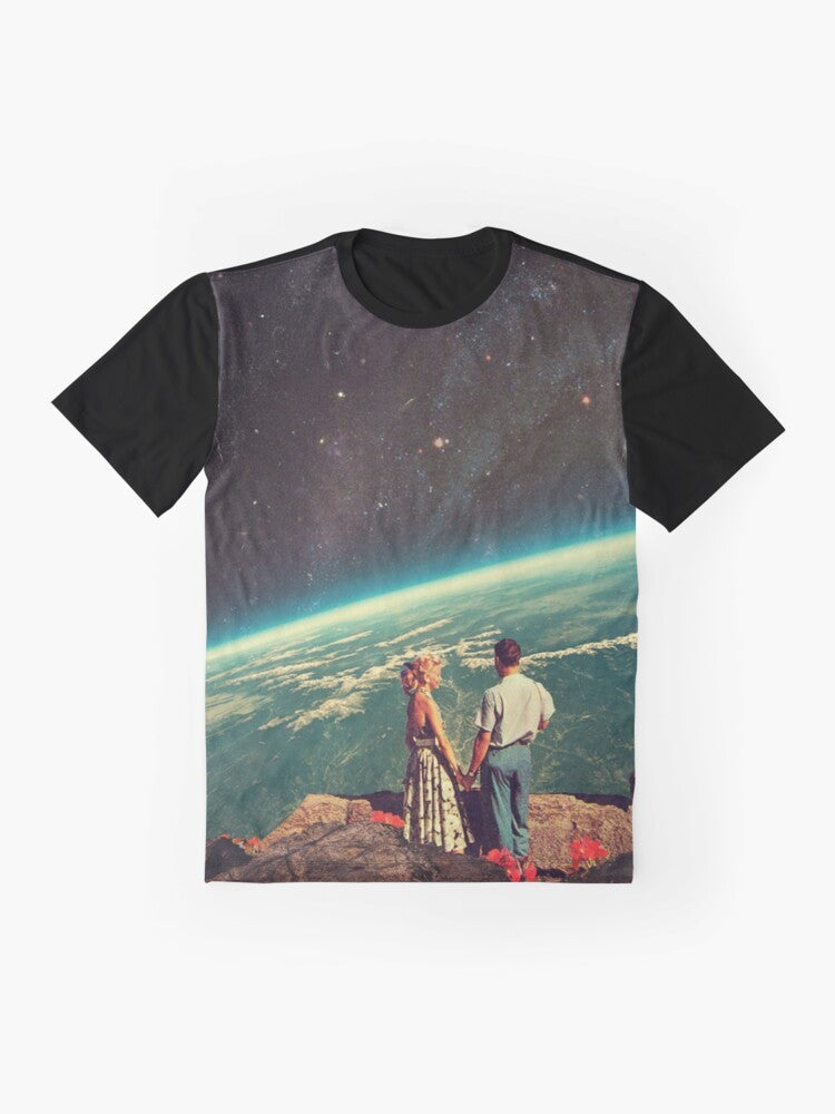 A vintage-inspired graphic t-shirt featuring a collage of a couple in love, surrounded by space, planets, and stars in a romantic, surreal scene. - Flat lay