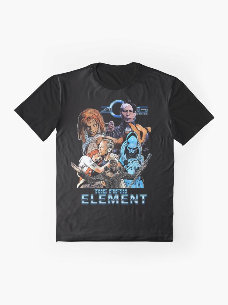 The Fifth Element graphic t-shirt featuring the iconic Zorg Industries logo and characters from the classic 90s sci-fi movie - Flat lay