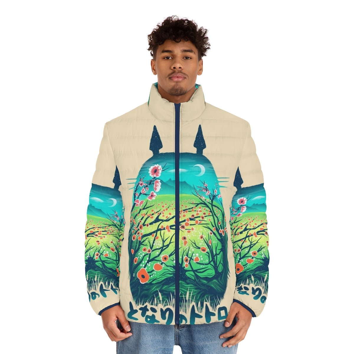 A cozy puffer jacket featuring an anime-inspired design with a fantasy forest landscape and a stylish "neighbor" graphic. - men front