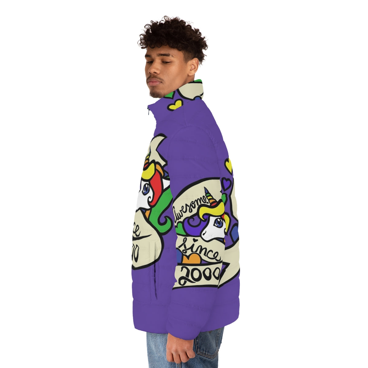 Awesome Since 2007 Puffer Jacket featuring a unicorn design - men side left