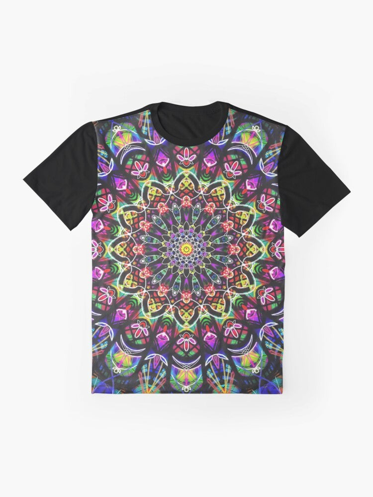 Colorful psychedelic mandala design graphic t-shirt - Flat lay