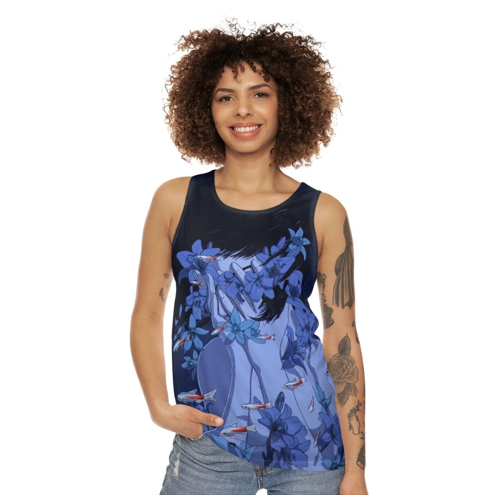 Retro anime-inspired unisex blue tank top - women