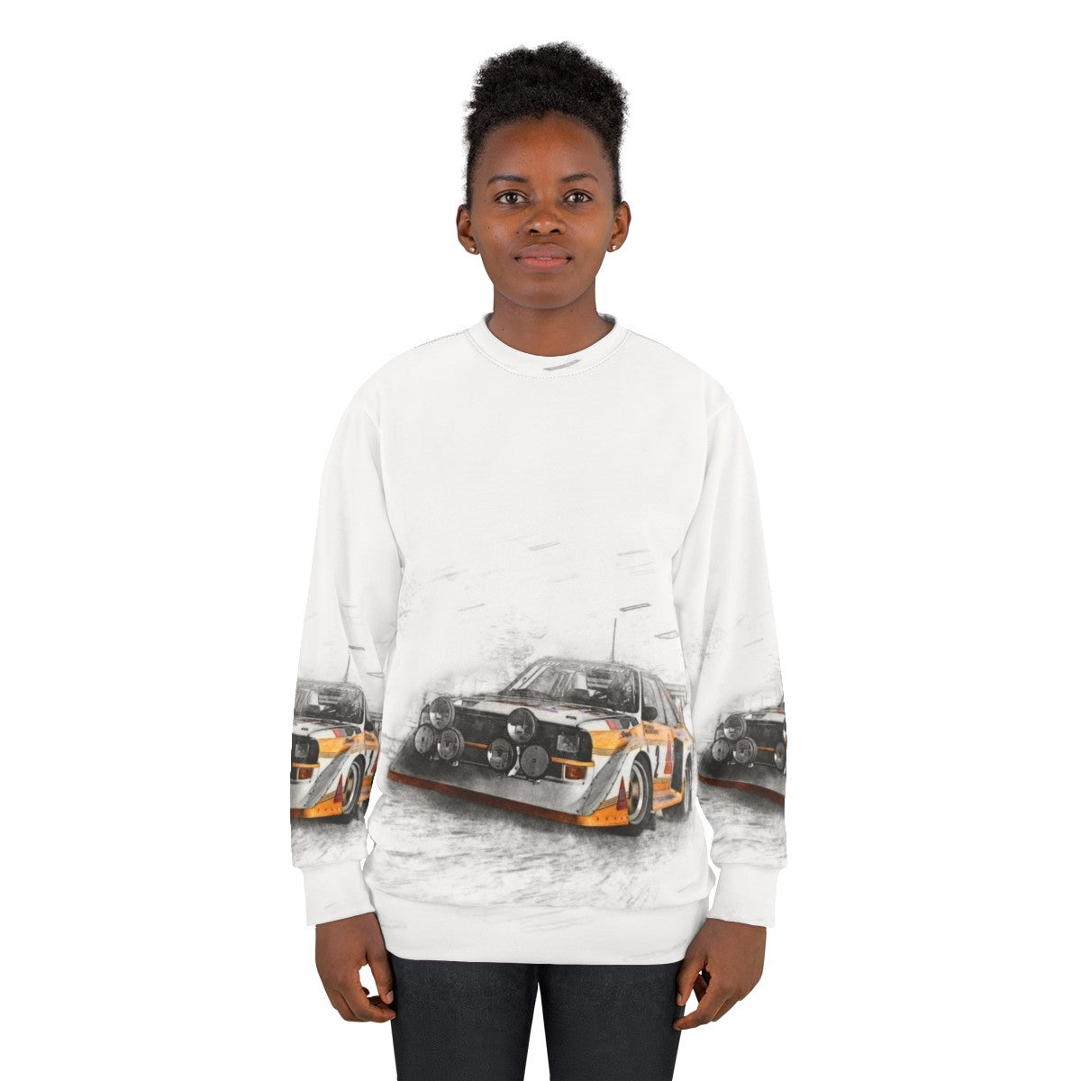 Rally car illustration sweatshirt for motorsport enthusiasts - women