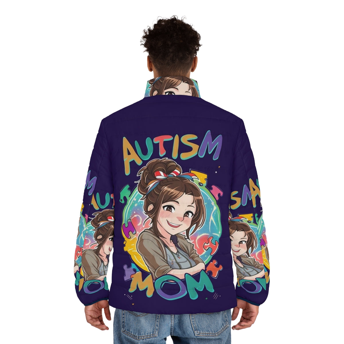 Autism Mom Puffer Jacket with Superhero and Inspiring Design - men back