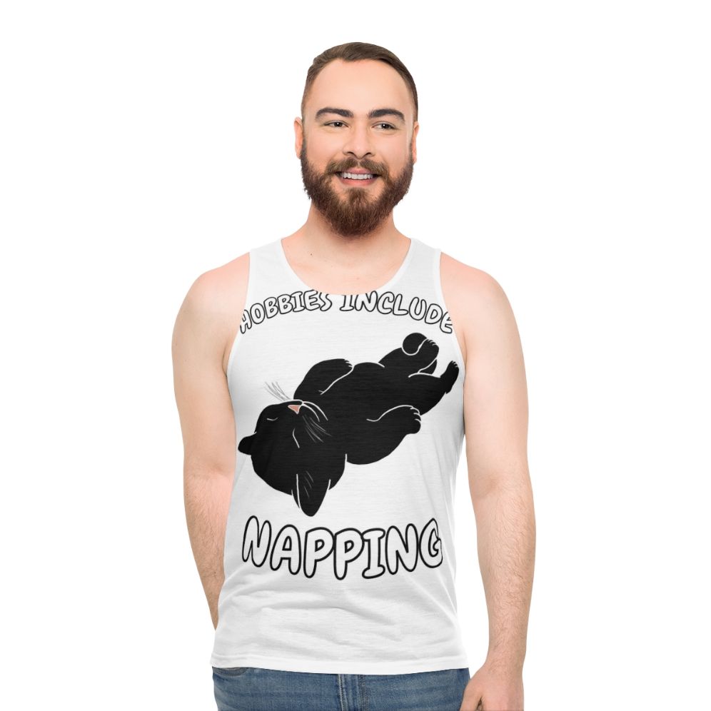 Unisex tank top with a black cat napping graphic - men