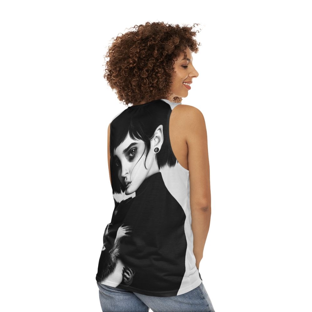 Realistic black and white raccoon portrait pencil art unisex tank top - women back