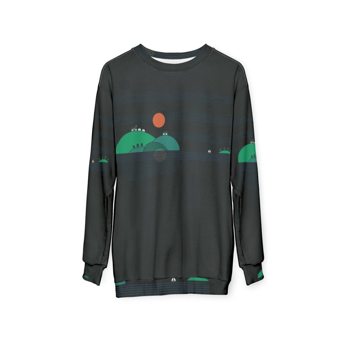 Island Folk Sweatshirt with acoustic guitar and sailing imagery - hanging