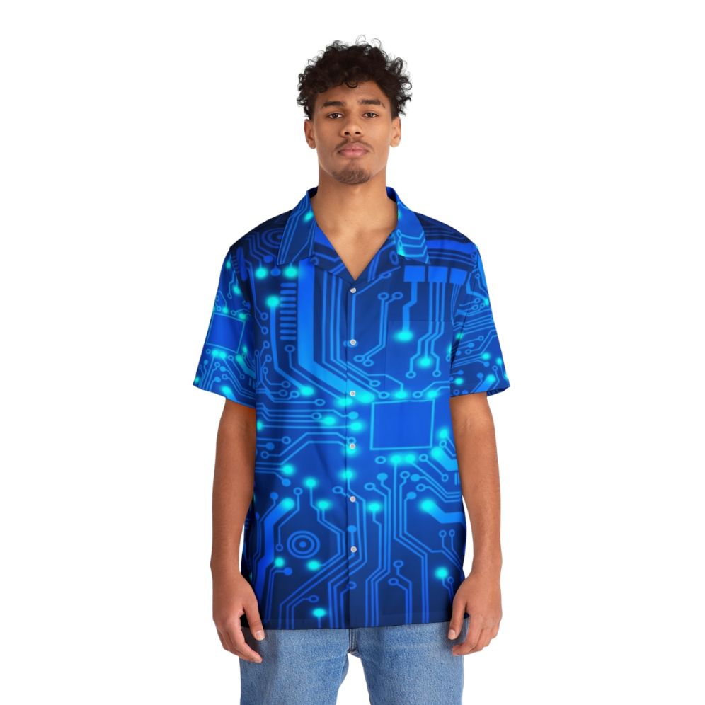 Electronic circuit Hawaiian shirt with colorful tropical patterns - People Front