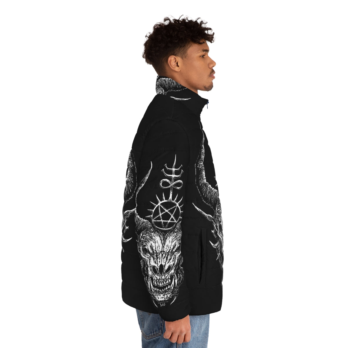 Dark puffer jacket with satanic and demonic design - men side right