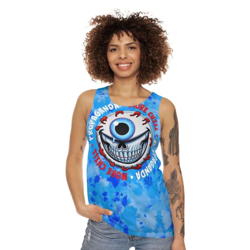 Chill Goranski unisex tank top with a crazy grinning eyeball design - women