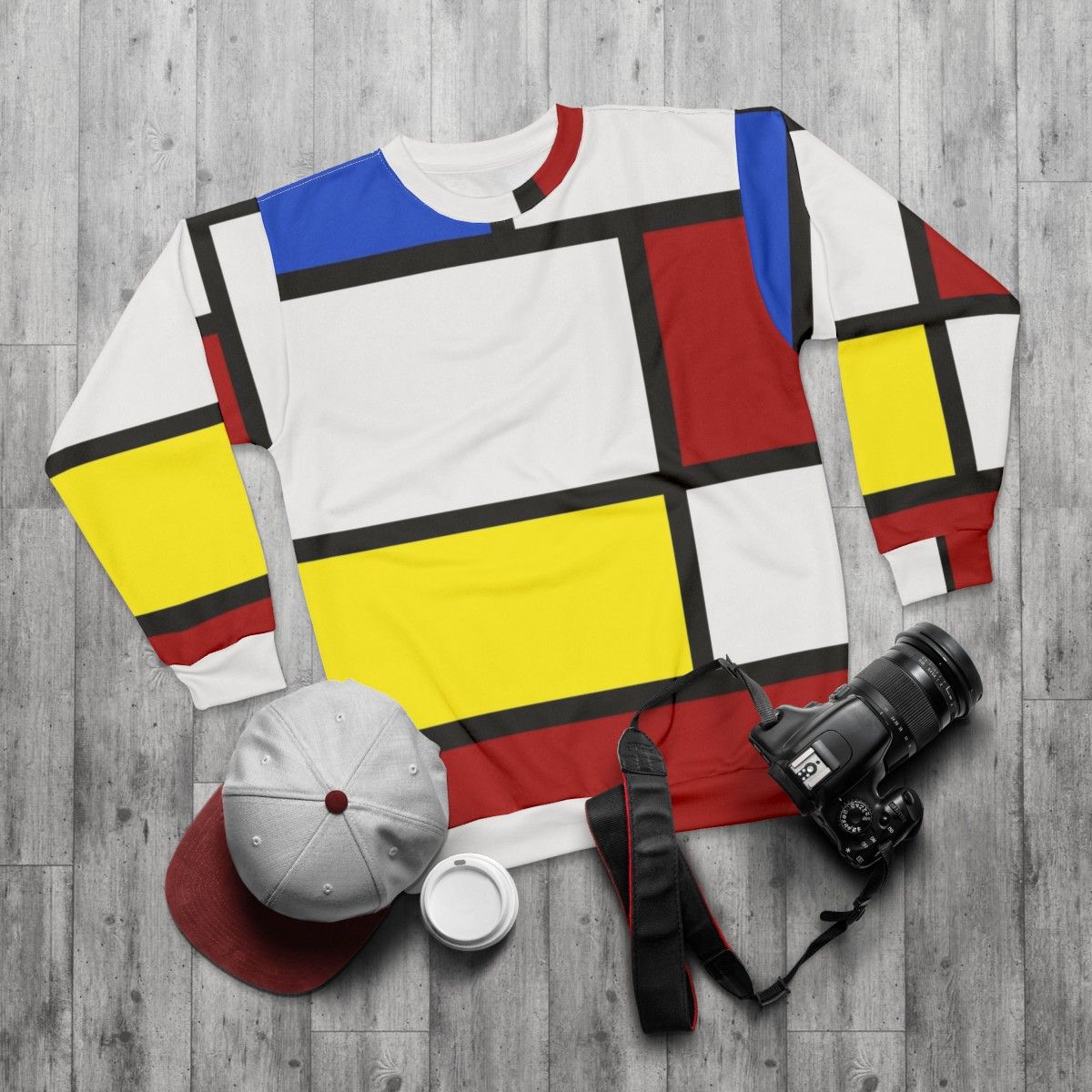 Retro 60s mod style sweatshirt in white, red, and yellow - flat lay