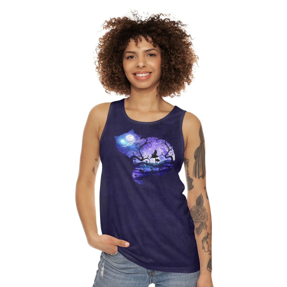 Whimsical unisex tank top with 'We Are All Mad Here' design featuring Alice in Wonderland's Cheshire Cat and night sky - women