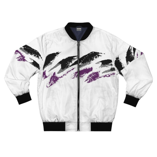 Asexual pride bomber jacket with a jazz pattern design and the asexual pride flag colors.