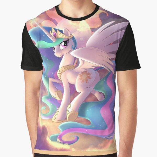 Graphic T-shirt design featuring Princess Celestia, the alicorn princess of the sun in the My Little Pony universe.