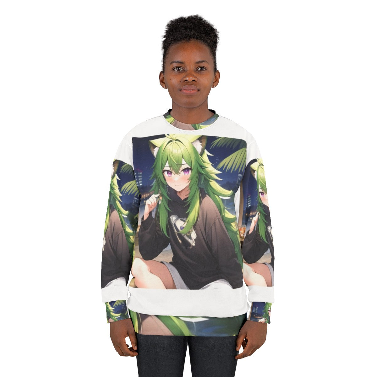 Kawaii anime boy with green hair, purple eyes, and raccoon features wearing a sweatshirt - women