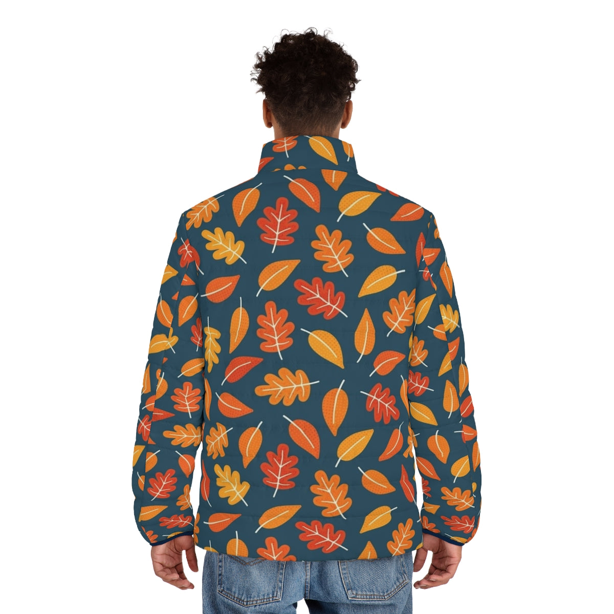 Retro autumn leaves indigo blue puffer jacket - men back