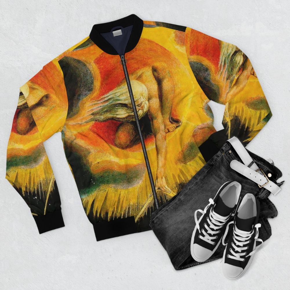 A bomber jacket featuring the iconic 'The Ancient of Days' painting by the English Romantic artist William Blake, depicting God the Creator. - Flat lay