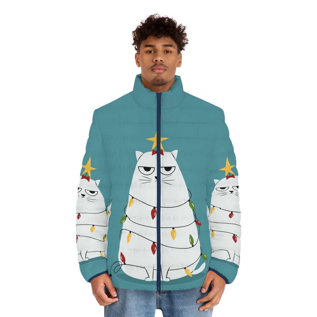 Grumpy Christmas cat puffer jacket with cartoon design - men front