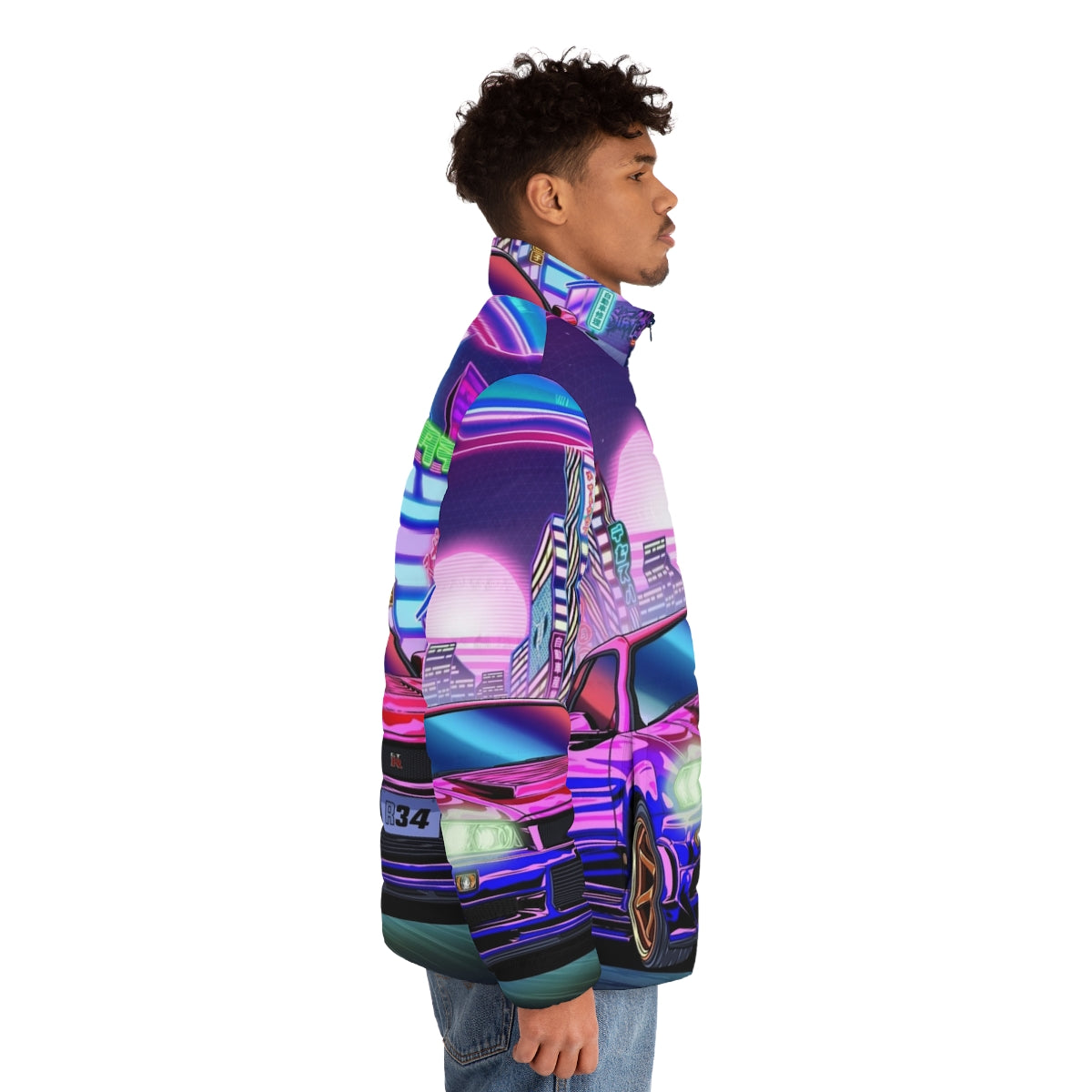 Nissan Skyline GT-R R34 vaporwave puffer jacket - men side right