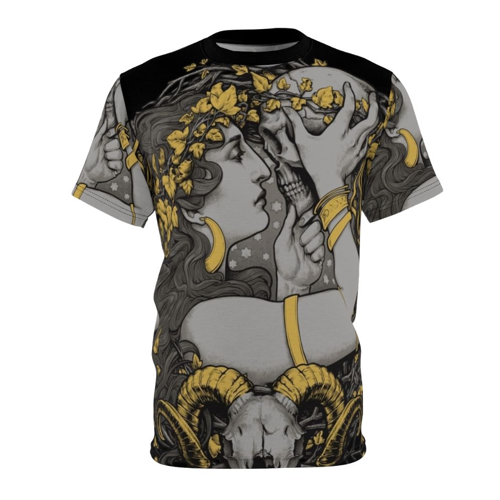 Witch-themed t-shirt with gothic, botanical design featuring a ram skull, human skull, and skeleton