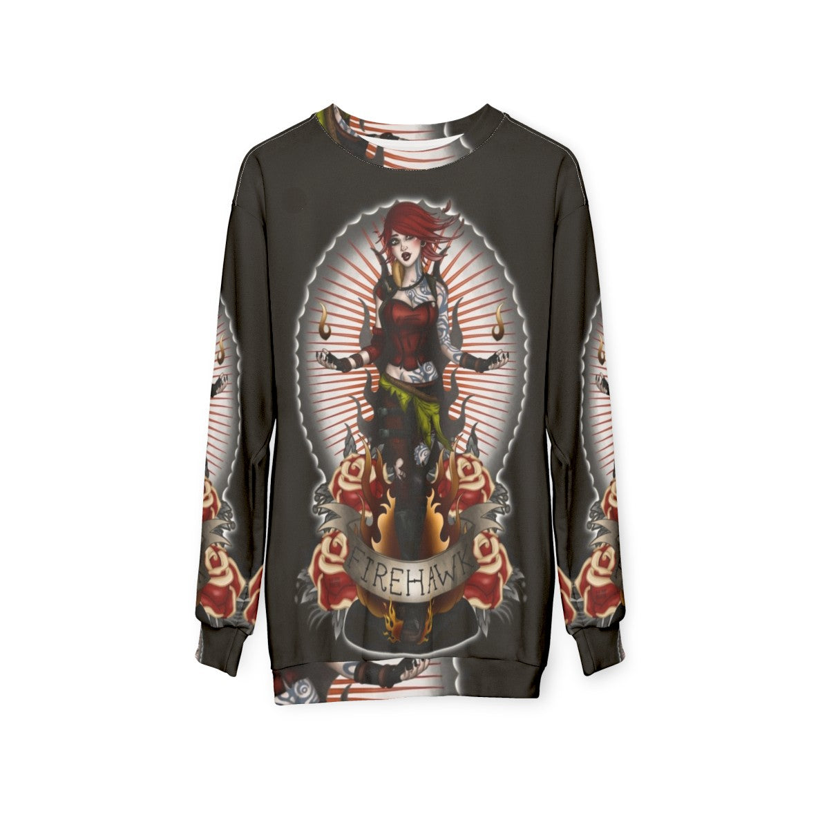 Firehawk Borderlands Sweatshirt with Lilith and Miss Cherry Martini Fanart Design - hanging