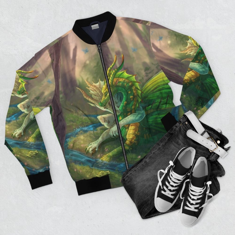 Wings of Fire Sundew and Willow Leafwing Bomber Jacket with fantasy dragon design - Flat lay