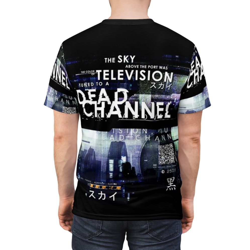 Cyberpunk-inspired all-over-print t-shirt featuring a glitched and distorted digital design - men back