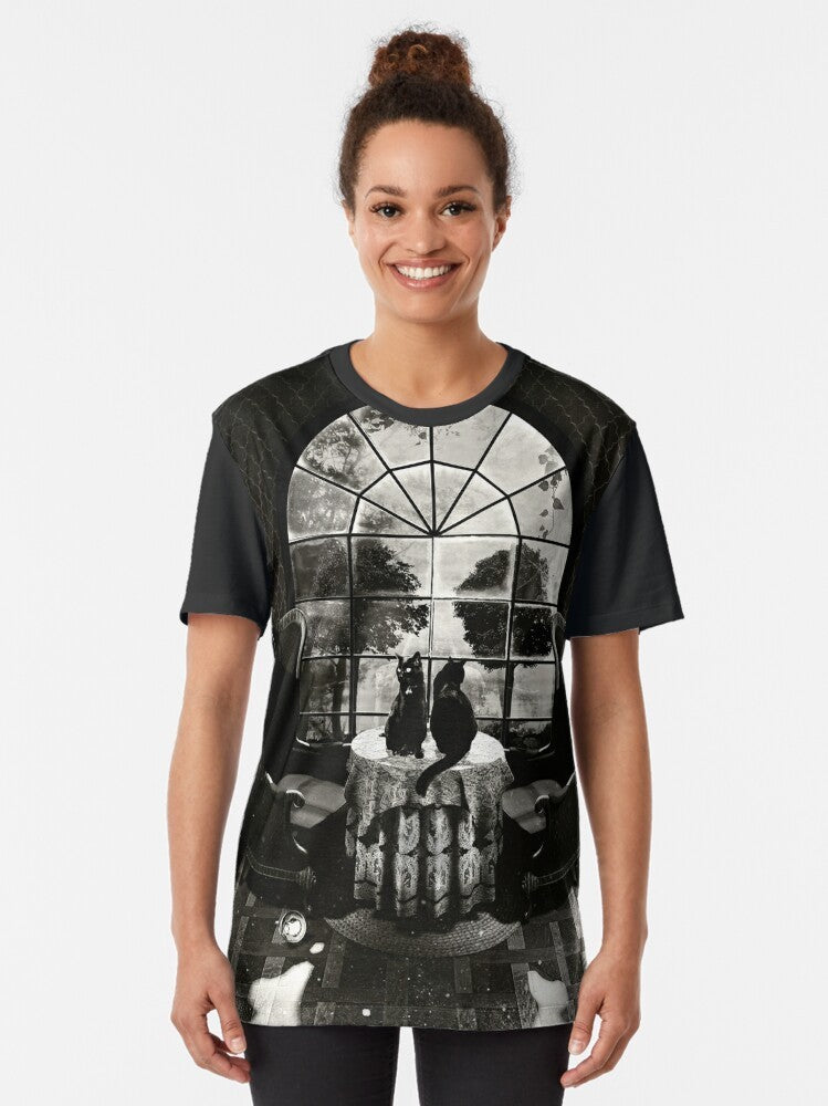 Skull graphic t-shirt with a dark, moody design for fans of horror and gothic style - Women