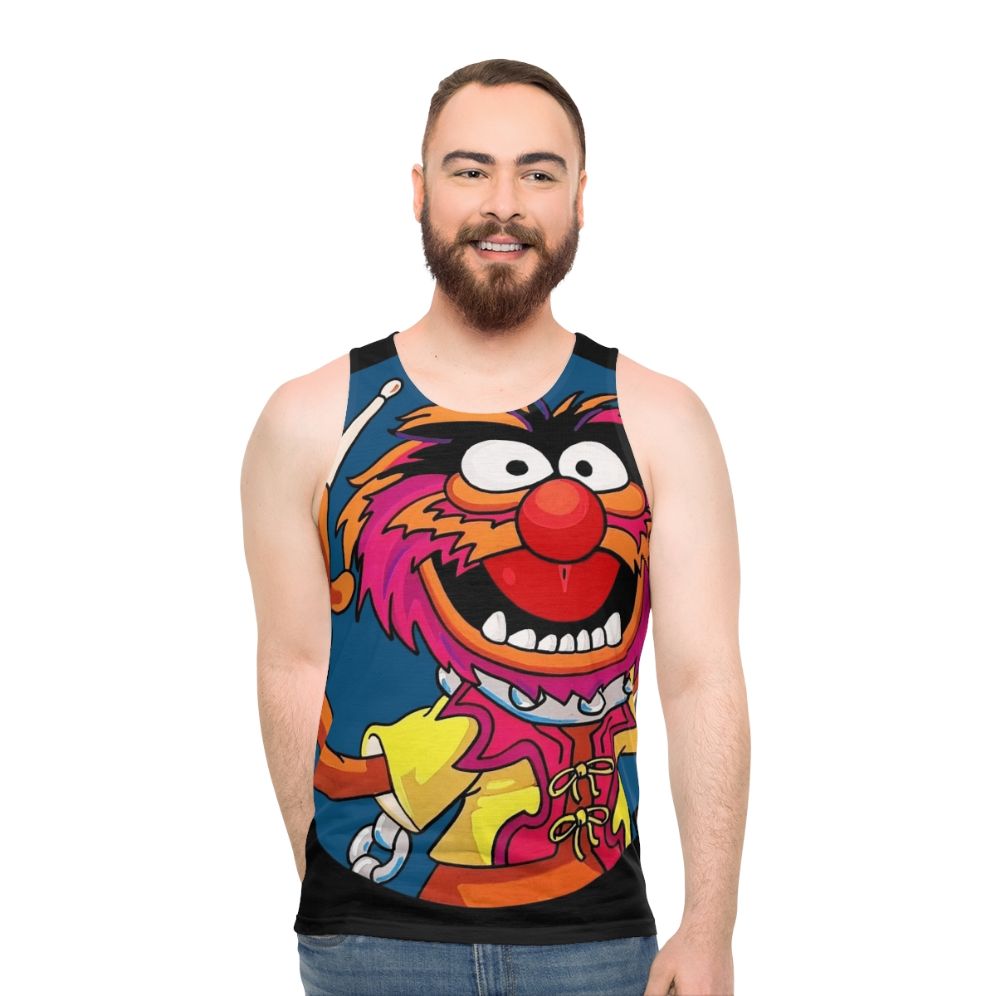 Electric Mayhem drummer playing drums on a unisex tank top - men