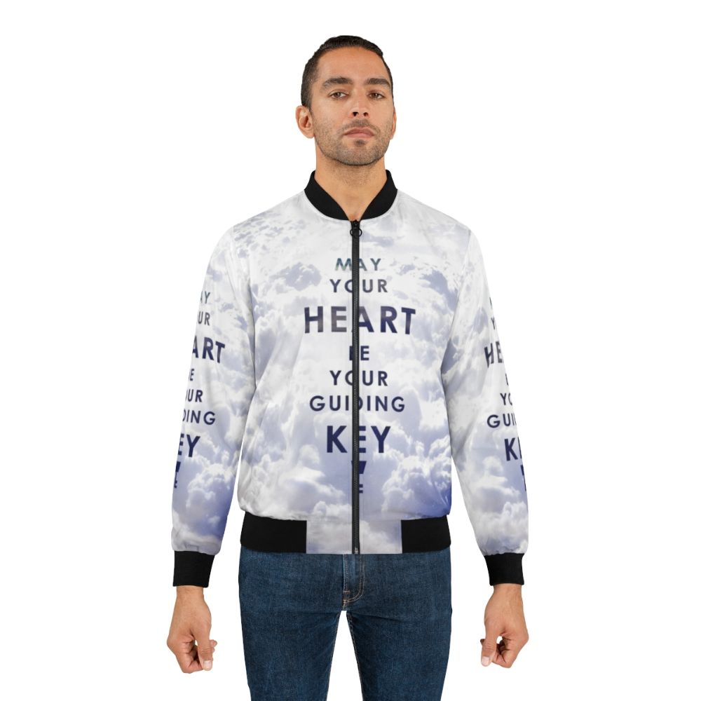 Kingdom Hearts Bomber Jacket featuring a graphic design with the text "May your Heart be your guiding Key" - Lifestyle