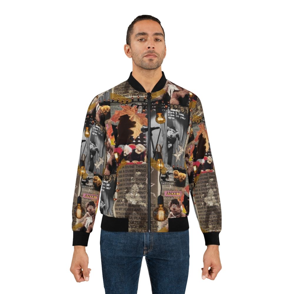 Collage art bomber jacket featuring the Muppets character Fozzie - Lifestyle