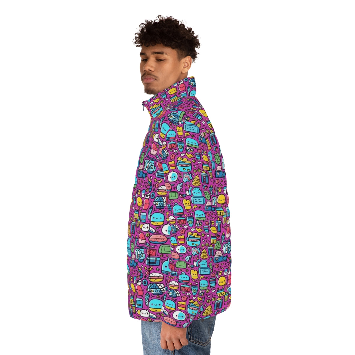 Hobbies cartoon puffer jacket with colorful zoo animal and fruit print - men side left