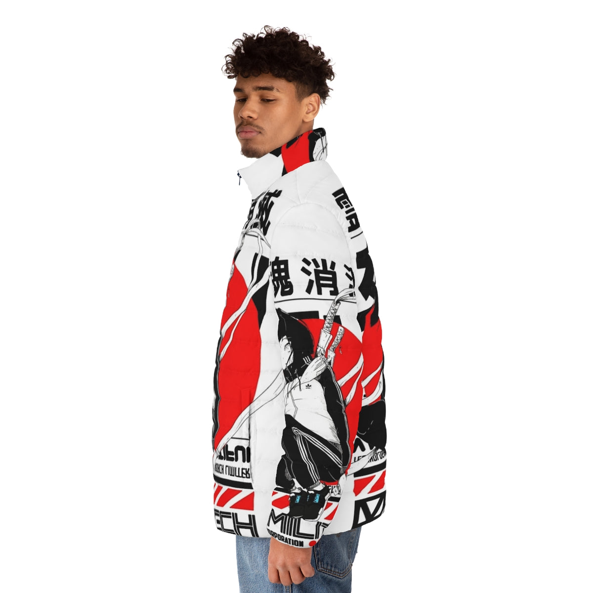 Japanese-inspired puffer jacket with futuristic cyberpunk aesthetic - men side left