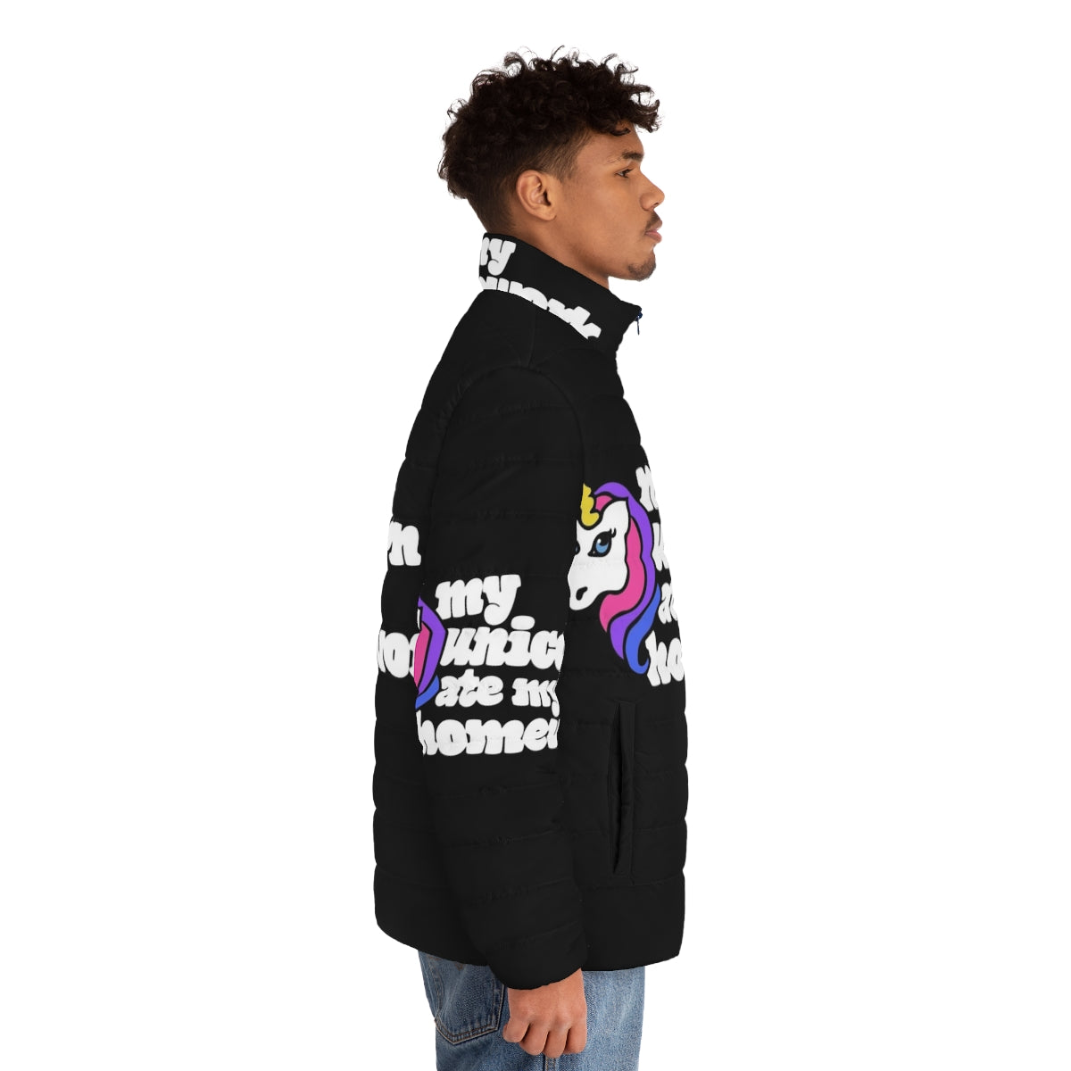 A colorful puffer jacket with a unicorn design - men side right