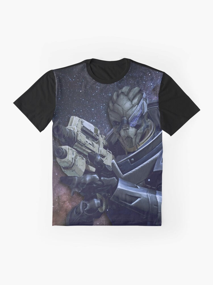 Mass Effect Garrus Vakarian Graphic T-Shirt featuring the character Garrus Vakarian, a turian sniper and ally in the Mass Effect video game series. - Flat lay