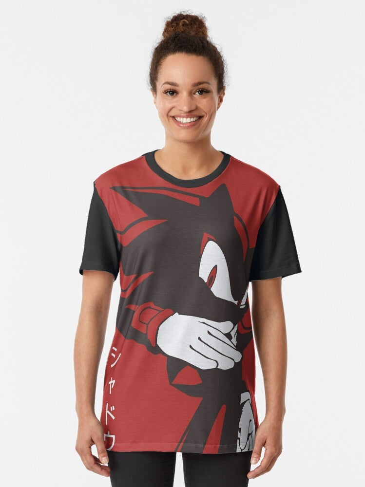 Shadow Hedgehog anime manga style graphic t-shirt with red background - Women