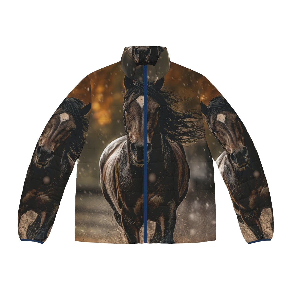 Puffer jacket featuring a bay horse trotting in the rain on an autumn day