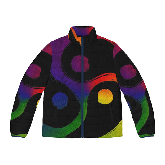 Colorful rainbow puffer jacket with triskelion symbol for LGBTQ+ pride and community