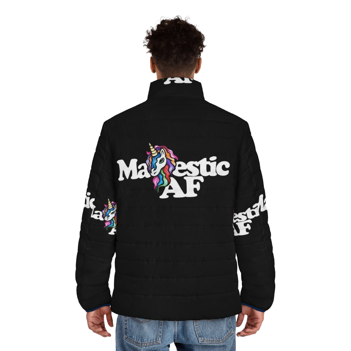 Majestic unicorn puffer jacket with retro rainbow aesthetic - men back