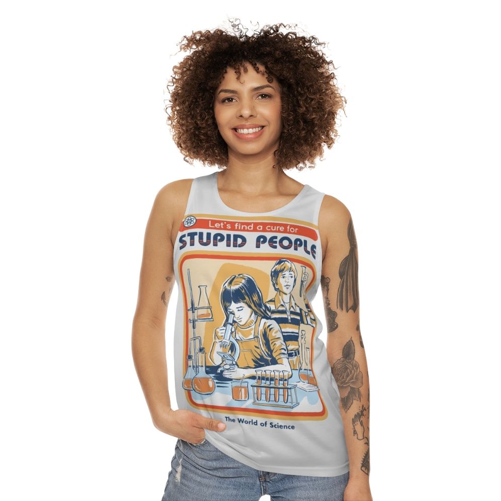 Unisex "A Cure for Stupid People" tank top, featuring a humorous science-inspired design - women