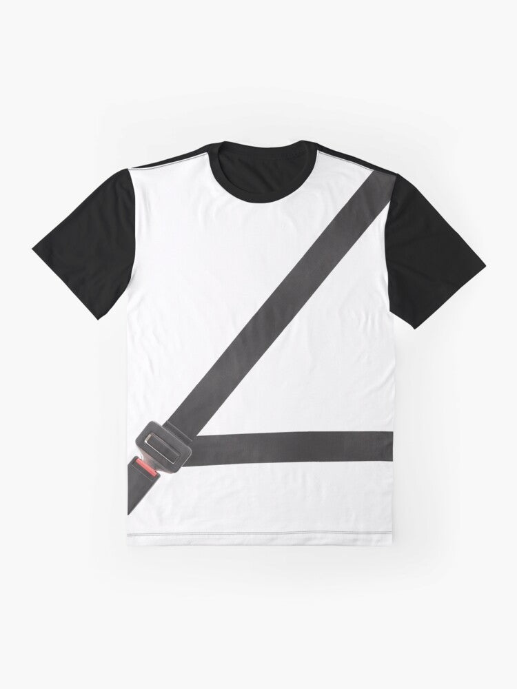 Fake seatbelt graphic t-shirt design with the words "Stay Safe, Live Dangerously" - Flat lay