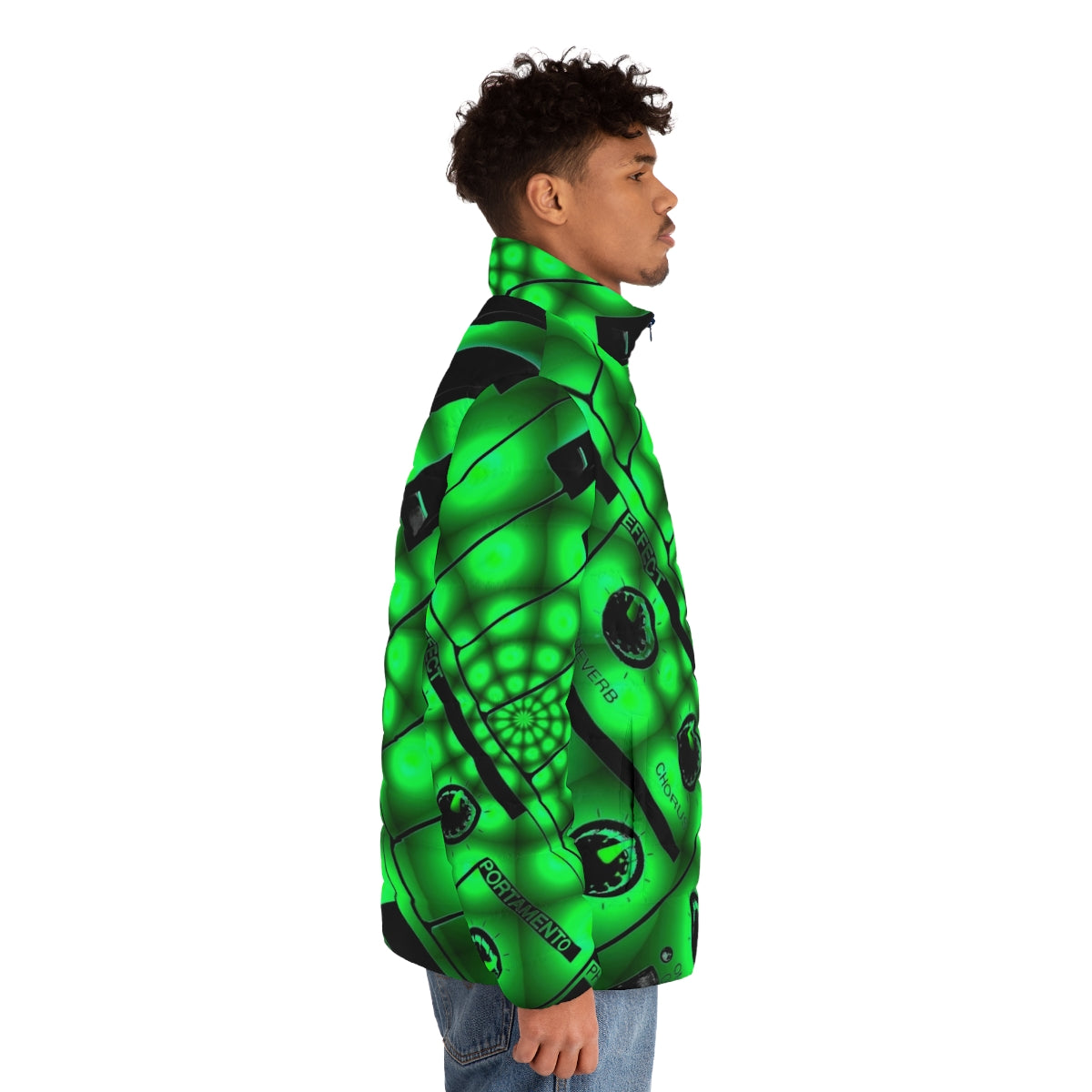 Puffer jacket with printed synthesizer keys and filters design - men side right