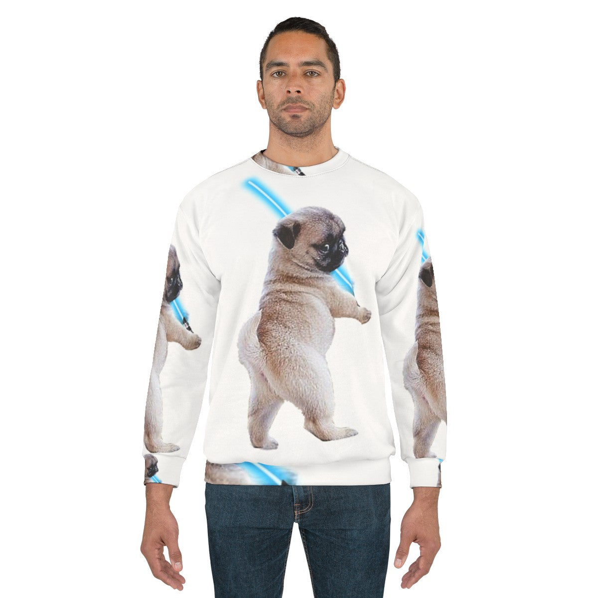 Pug wearing a sweatshirt with a lightsaber graphic - men