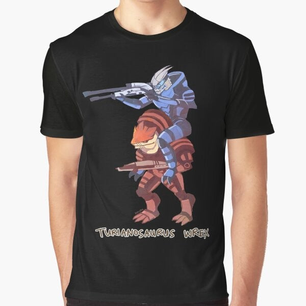 Turianosaurus Wrex, a mass effect-inspired t-rex graphic t-shirt