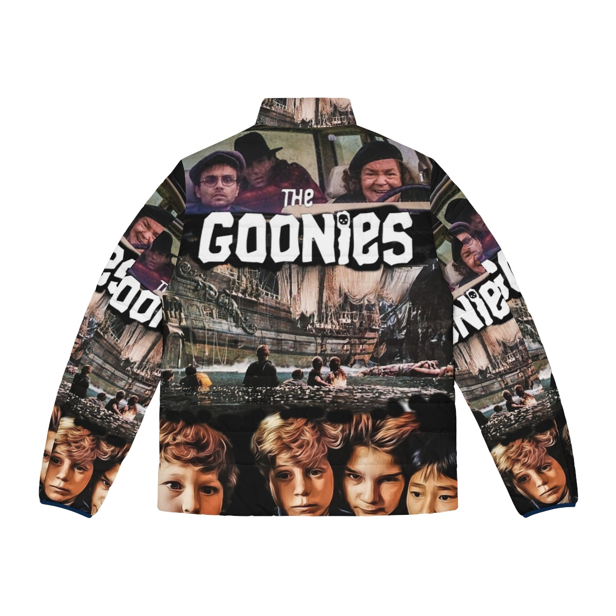 A puffer jacket featuring the iconic logo and imagery from the classic 1980s film The Goonies - Back