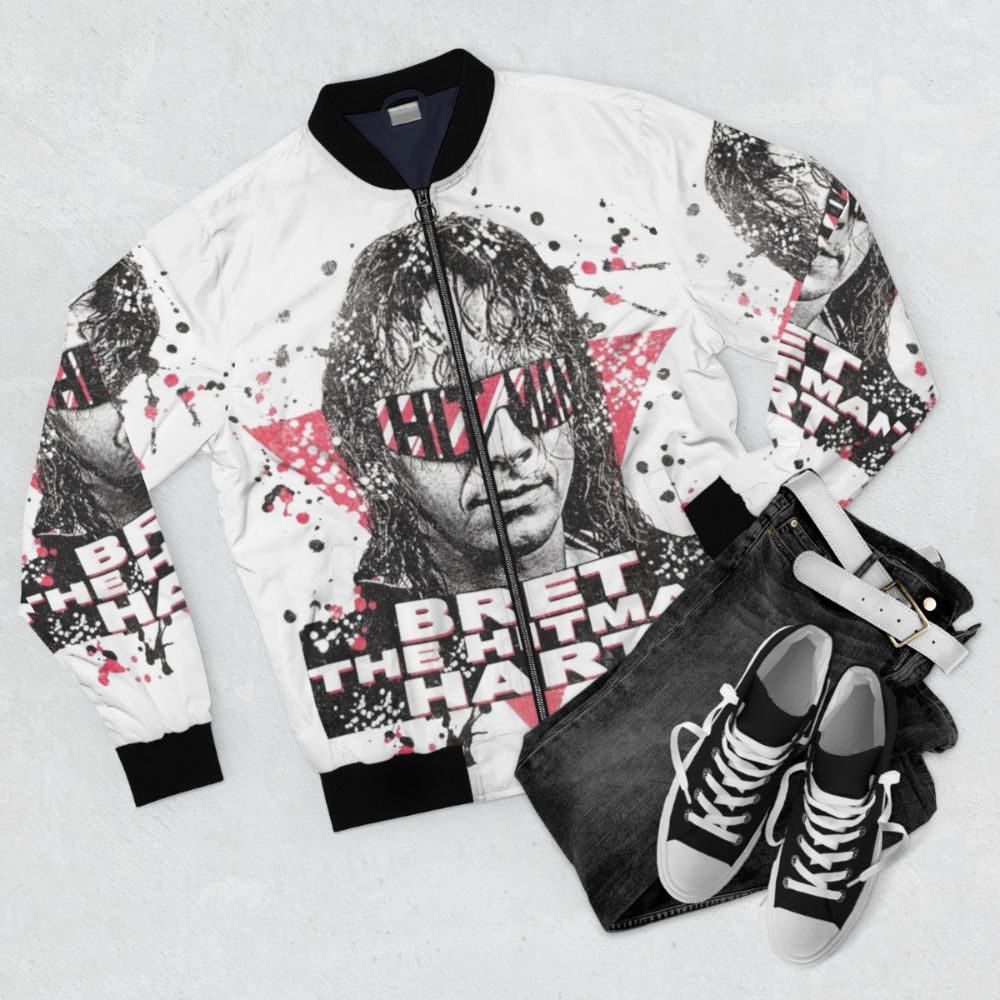 Tribute to the Hitman Bomber Jacket featuring Bret Hart's iconic wrestling persona - Flat lay