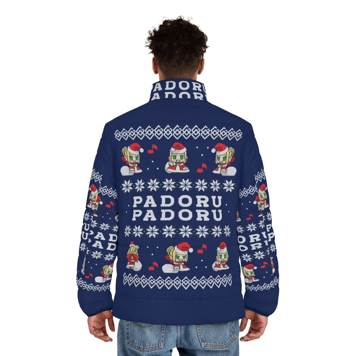 Padoru Padoru Puffer Jacket - Anime-inspired winter wear with Fate Grand Order characters - men back