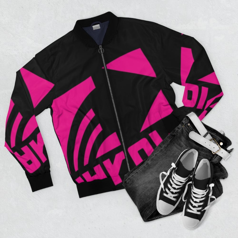 Navy blue bomber jacket with Splatoon 2 Deca logo - Flat lay